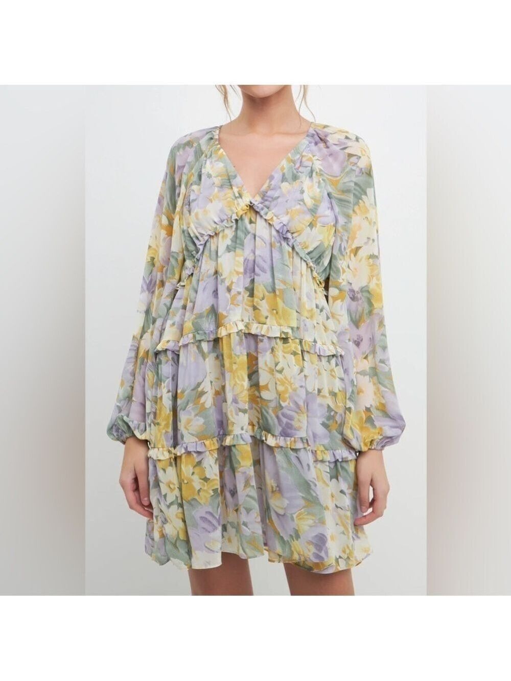 Free The Roses Voluminous Flowy Floral Mini Dress with Long Sheer Puff Sleeves - Picture 6 of 14